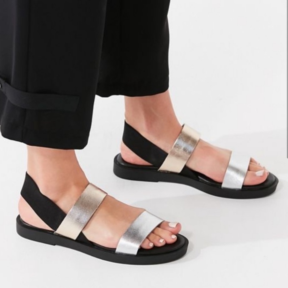 Urban Outfitters Metallic Gold Silver Slingback Elastic Ankle Strap Sandals